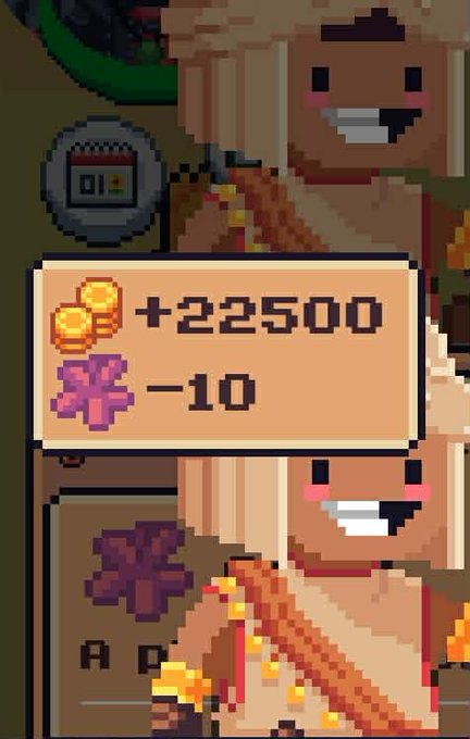 A mobile game interface shows a rewards pop-up of '+22500' coins and '-10' purple gems, with characters visible in the background.