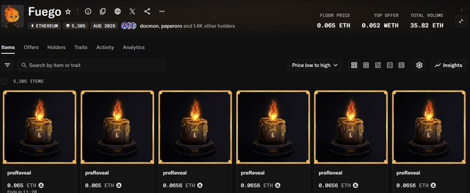 A screenshot of the Fuego NFT collection on OpenSea displays 6 "preReveal" items listed at floor prices of 0.065 ETH, with a total volume of 35.82 ETH and a top offer of 0.052 WETH, illustrating the post's claim that smart money whales are sweeping the collection's floor.