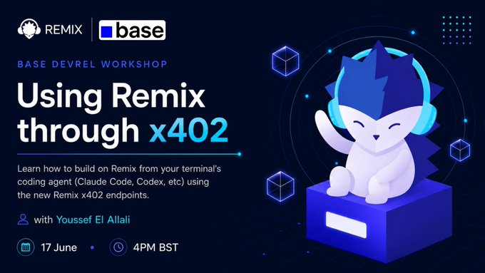The image features a cartoon owl wearing headphones sitting atop a blue box with a white label that says "Base DevRel Workshop" written on it, along with some text about an upcoming workshop. The background of the image is dark blue, which contrasts with the light blue owl and the white label. There are also some small circles scattered throughout the image.