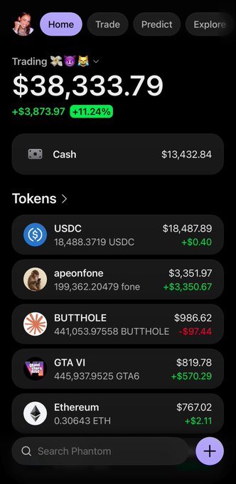 A mobile screenshot of a Phantom crypto wallet shows a portfolio valued at $38,333.79 with notable meme coin holdings, including $3,351.97 worth of "apeonfone" tokens (199,362.20479 done) and $986.62 in "BUTTHOLE" tokens. The holdings playfully reinforce the caption "Just an ape on my fone," referencing both the apeonfone token and the humor of trading from a phone.
