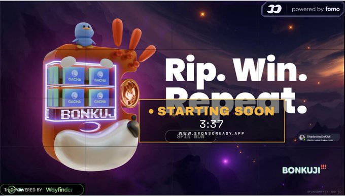 A promotional graphic for BONKUJI displays a "Rip. Win. Repeat." tagline alongside a slot machine labeled "BONKU" with a chicken mascot, noting the stream is "STARTING SOON" in 3:57 and branded "powered by fomo" with sponsorship from easy.sponsors.app, promoting Bonkuji gacha pulls and graded slab giveaways via bonkuji.com/gacha.