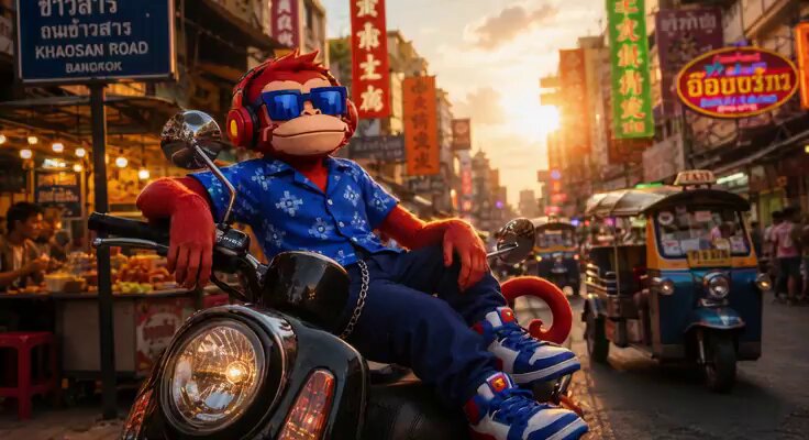 The image features a cartoon monkey sitting on top of a motorcycle with sunglasses on his head. The background shows an urban street scene with buildings and signs, including one that says "Kris Krab Bangkok". There are also other vehicles present in the scene, such as a car and a bus.