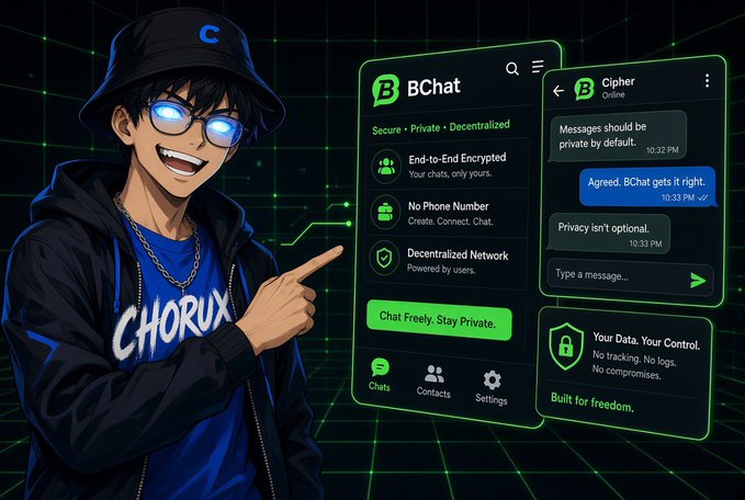 An anime-style character wearing a 'CHORUX' cap and glowing glasses points to a phone interface for 'BChat', highlighting features like 'End-to-End Encrypted', 'No Phone Number', and 'Decentralized Network'.