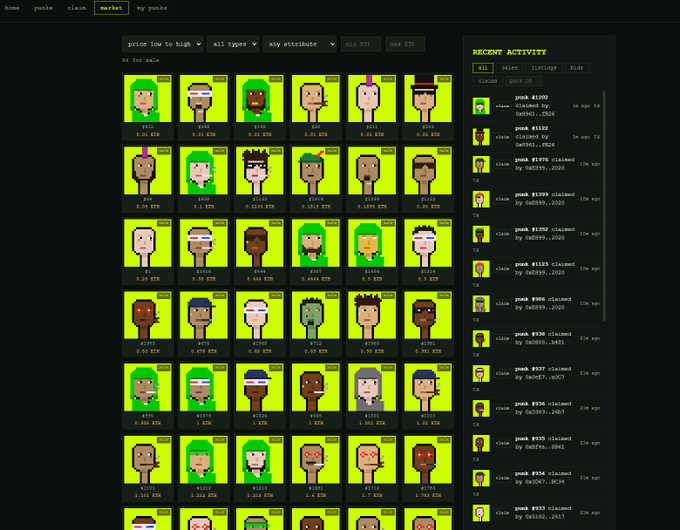 A dark-themed digital marketplace interface, likely for NFTs, showing a grid of pixel-art character punks for sale with their ETH prices, alongside a 'RECENT ACTIVITY' log on the right side.
