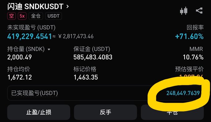 A cryptocurrency trading interface (in Chinese) for SNDKUSDT showing an unrealized profit of 419,229.4541 USDT, a return rate of +71.60%, and a circled realized profit of 248,649.7639 USDT.