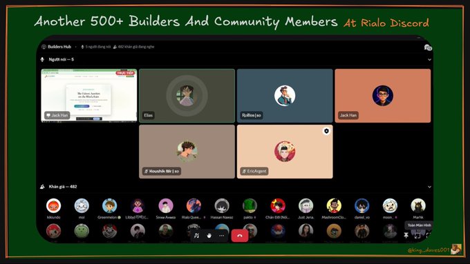 A screenshot of a Discord video call hub displays multiple participants with the green-themed text 'Another 500+ Builders And Community Members At Rialo Discord' at the top and a watermark '@king_james001' in the corner.