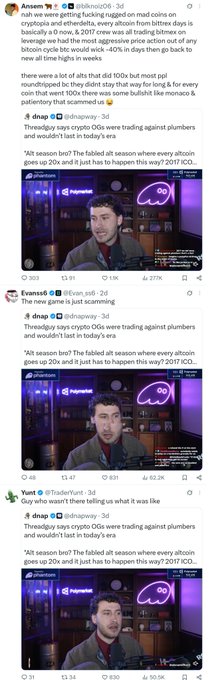 A social media feed showing posts from users like Ansem, Evanss, and Yunt claiming crypto trading calls turned out to be 'bullshit,' with embedded videos featuring a man with a microphone against a purple background with crypto logos.