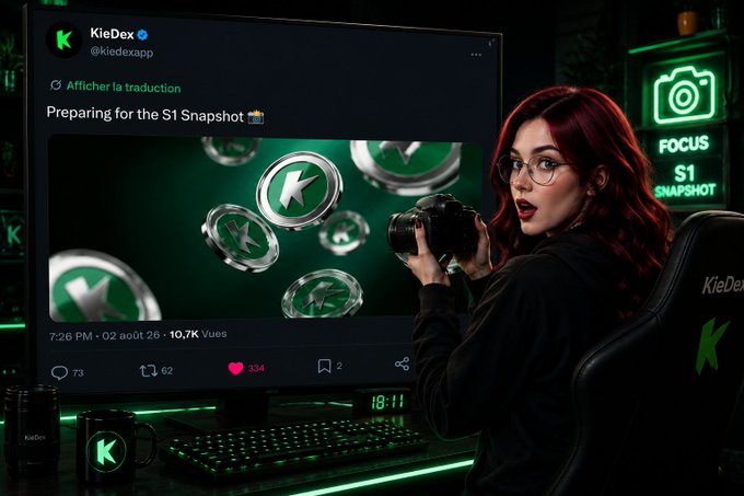 A digital artwork showing a red-haired woman with glasses holding a camera in a green-lit gaming setup, with a monitor displaying KieDex (@kieDexapp) tweet 'Preparing for the S1 Snapshot' featuring coin graphics.