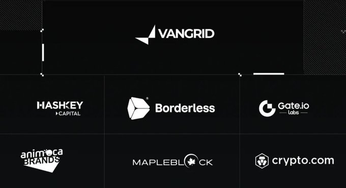A VANGRID promotional image displaying partner logos including HashKey Capital, Borderless, Gate.io Labs, Animoca Brands, Mapleblock, and crypto.com.
