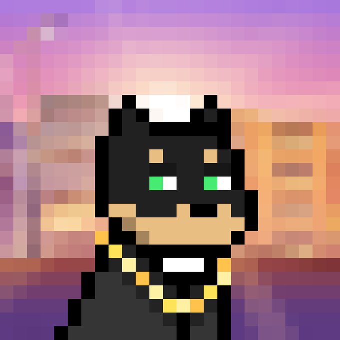 A pixel art style image showing a character with dark hair and bright green eyes looking at a glowing orange figure, with a row of figures smiling in the background.