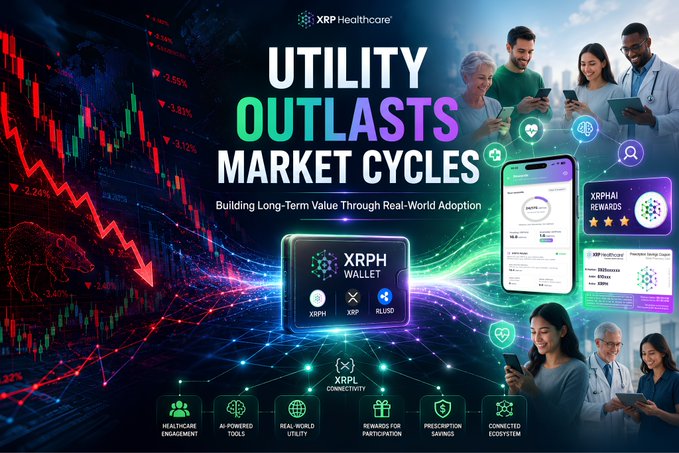 A promotional graphic for XRP Healthcare featuring the headline "UTILITY OUTLASTS MARKET CYCLES" alongside an "XRPH Wallet" displaying token pairs (XRPH/XRP and XRPH/USDT), stock charts, and healthcare professionals using mobile devices. The image visually reinforces the article's message by contrasting volatile red market price charts with the steady, real-world adoption of XRPH through features like healthcare engagement, AI-powered tools, and prescription savings.
