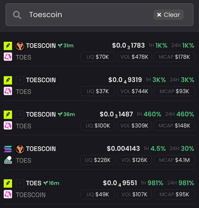 A cryptocurrency tracker shows search results for "Toescoin" (TOES), displaying five different tokens with prices ranging from $0.004143 to $0.49551, including dramatic 1-hour and 24-hour gains of up to 981% alongside modest market caps between $93K and $4.1M. The image appears to be a humorous take on the Robinhood/Solana news, playing on the phonetic similarity between "Solana" and "Toes" given the proliferation of meme tokens with similar naming.