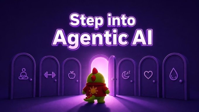 A 3D-rendered dinosaur character stands before an open glowing door among six arched doors, under the neon text 'Step into Agentic AI'.