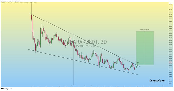 This is a 3-day chart for MUBARAK/TetherUS showing a confirmed falling wedge breakout and a projected profit of +20%. The green box on the right visually represents this predicted profit.