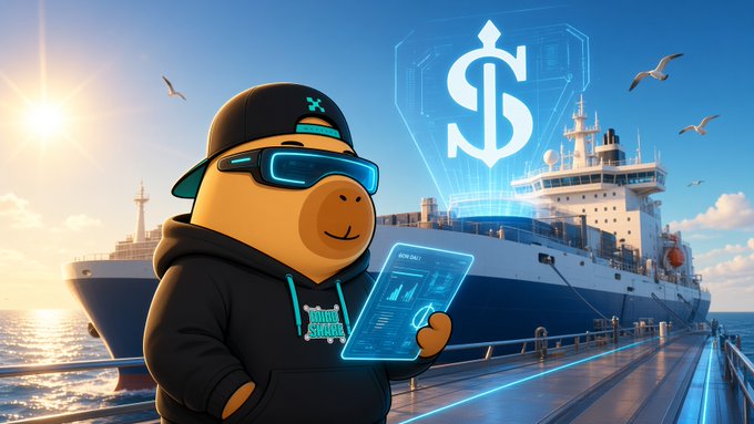 A cartoon character wearing a black hoodie, cap, and VR goggles holds a holographic tablet displaying data, with a ship and a large dollar sign emblem in the background.