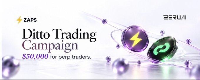 ZAPS Berachain 'Ditto Trading Campaign' offering **$50,000 for perp traders**, featuring purple coin icons with lightning bolt and link symbols.