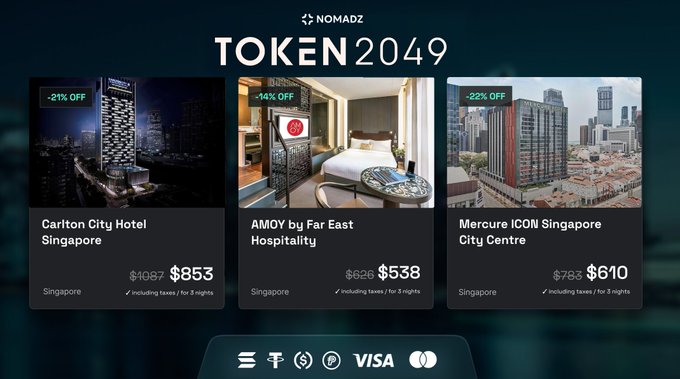 A Nomadz advertisement for "TOKEN 2049" displays hotel deals in Singapore, including Carlton City Hotel (-21% off, $853), AMOY by Far East Hospitality (-14% off, $538), and Mercure ICON Singapore City Centre (-22% off, $610), with logos for XPR, Tether, USDC, and VISA at the bottom.