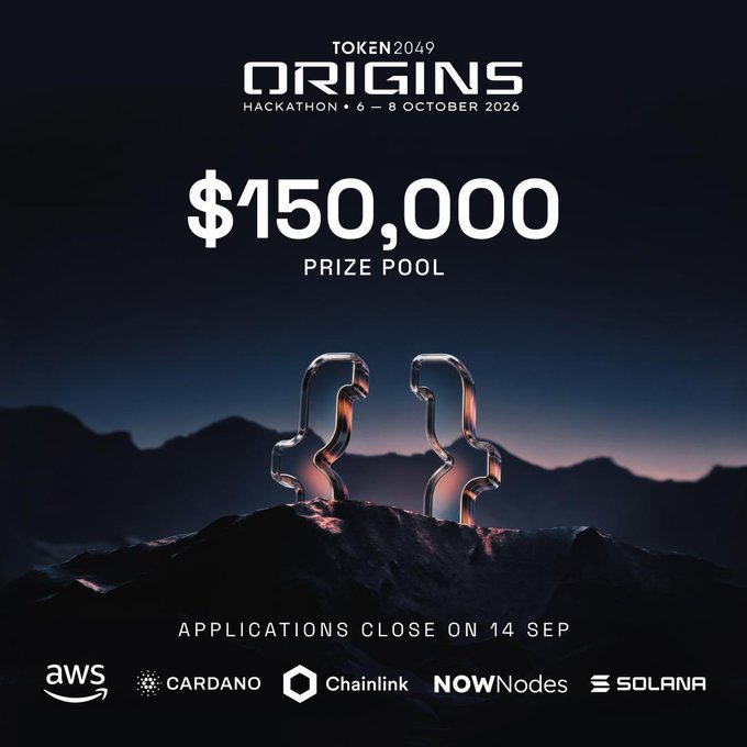 A promotional poster for the 'TOKEN 2049 ORIGINS HACKATHON' scheduled for 6-8 October 2026, advertising a '$150,000 PRIZE POOL' and showing sponsor logos for AWS, Cardano, Chainlink, NOWNodes, and Solana.