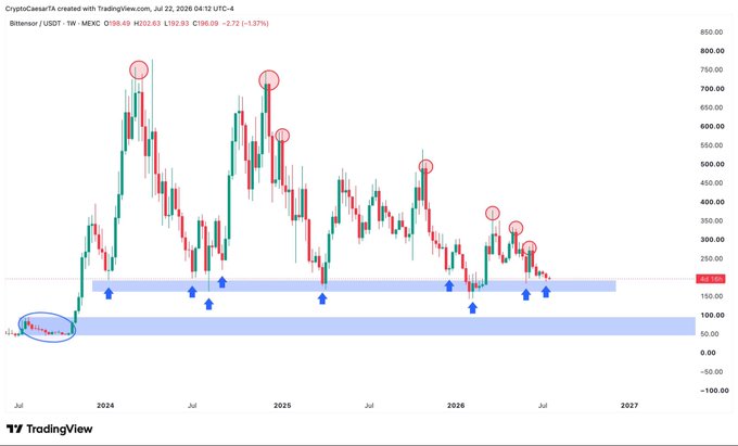 A weekly candlestick chart of Bittensor (TAO/USDT) on Mexc shows price currently at $192.63, with highlighted blue demand zones around $150 and $75 marked by blue arrows, and red circles indicating key swing highs between 2024 and 2026. The chart visually supports the post's concern that a drop into the lower blue support zone near $75 would represent a catastrophic capitulation level for TAO holders.