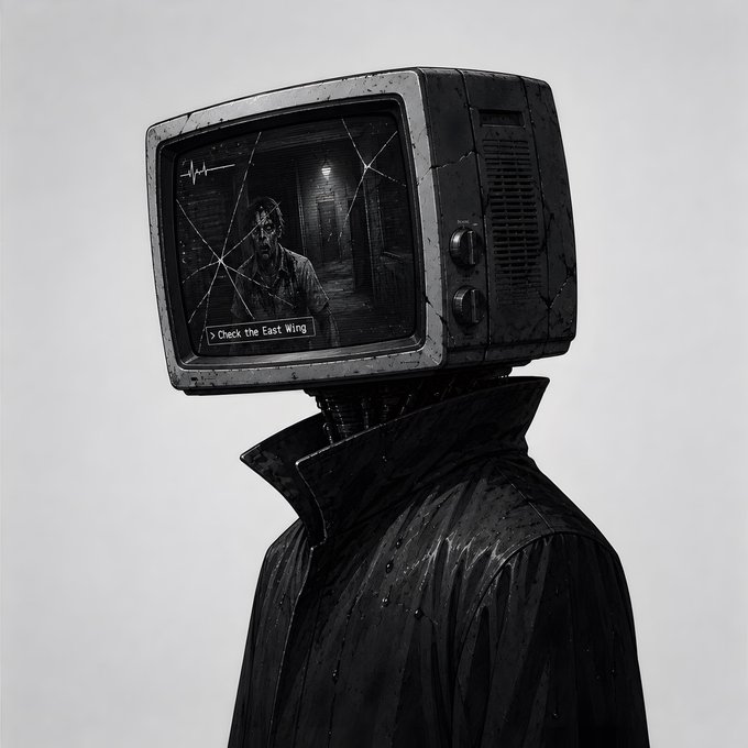 A grayscale digital painting depicting a figure wearing a black coat with a cracked, old television set for a head. The TV screen displays a dark, eerie scene with a zombie-like figure and text reading '> Check the East Wing'.