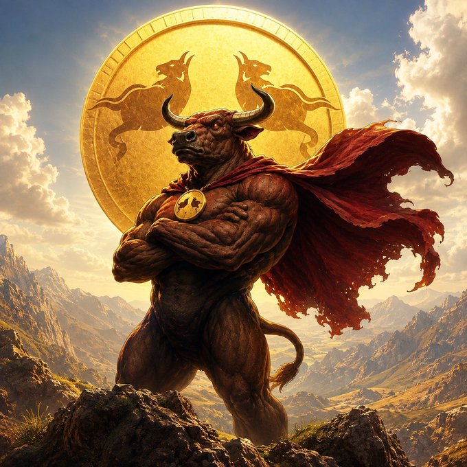 A digital illustration depicts a muscular minotaur wearing a red cape and a golden medallion, standing in a mountainous landscape before a large golden sun symbol with horse silhouettes.