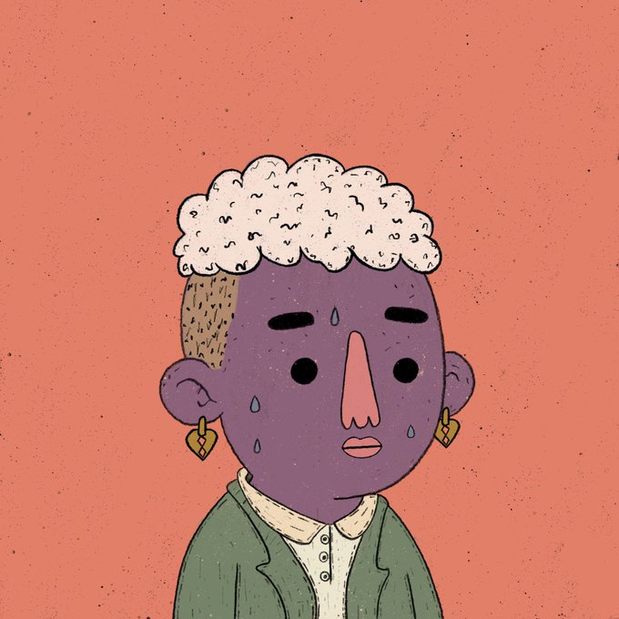 A stylized cartoon illustration of a purple-skinned character with curly white hair, wearing a green jacket and gold heart-shaped earrings, sweating against a coral background.