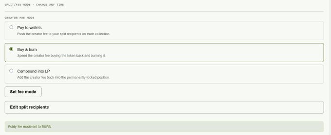A screenshot of a fee mode selection interface with options including "Pay to wallets", "Buy & burn", and "Compound into LP", with "Buy & burn" currently selected. Buttons for "Set fee mode" and "Edit split recipients" are visible, along with a confirmation message at the bottom reading "Frenby fee mode set to BURN".