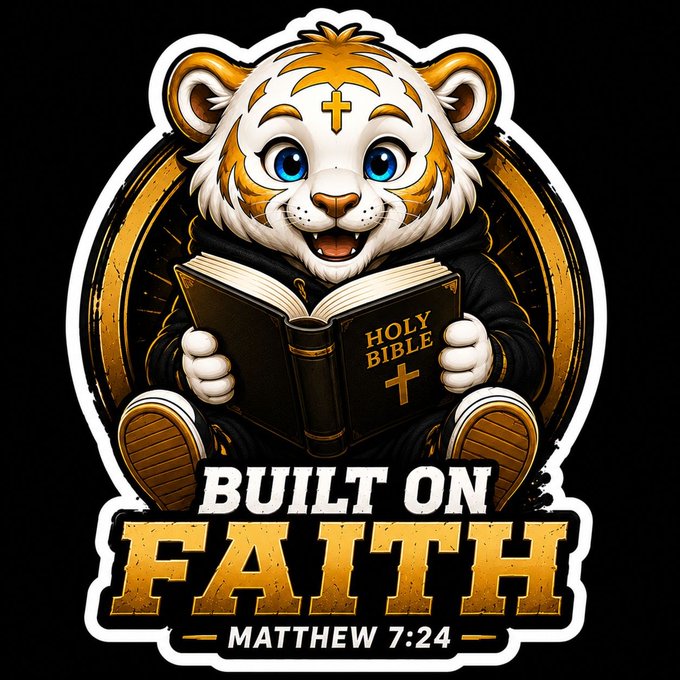 The image features a cartoon tiger holding an open Bible, with the text "Built on Faith" written above it. Below the title of the post, there are two lines of text that read "#TigerOG #BNBTiger". The overall design is playful and engaging, capturing the viewer's attention while conveying the message about faith in a visually appealing manner.
