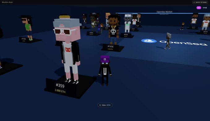 Screenshot of the OpenSea NFT marketplace in a 3D voxel environment called Machine Park, showing pixelated NFT characters displayed on pedestals with prices like #359 (2.888 ETH).