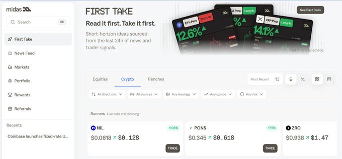 A screenshot of the Midas app's 'FIRST TAKE' dashboard showing crypto runners including NIL (+100%), PONS (+79%), and ZRO, with 24h news signals at 2.6% and 1.4%.