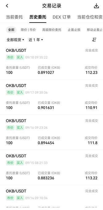A mobile app screenshot showing a cryptocurrency trading history in Chinese, listing multiple completed 'OKB/USDT' market buy orders.