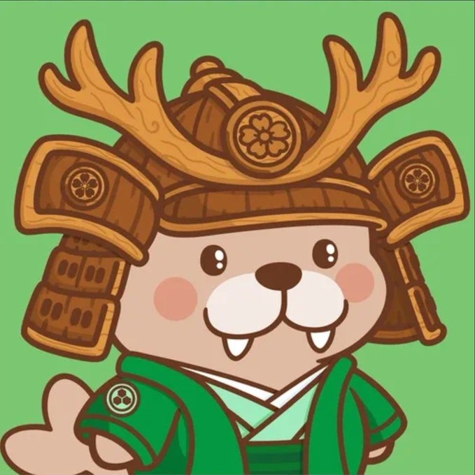 A cartoon illustration of a cute dog wearing traditional samurai armor with antlers and a green kimono.