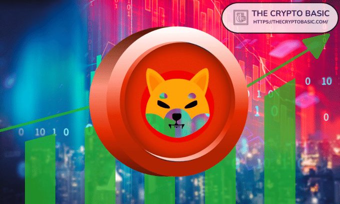 A Shiba Inu coin logo set against a backdrop of green and red candlestick charts with an upward arrow, branded with "THE CRYPTO BASIC" and the URL "https://thecryptobasic.com/", illustrating the post's analysis of SHIB potentially breaking through a long-held descending resistance trendline.