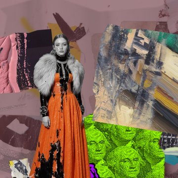 An artistic collage featuring a woman in an orange gown with fur stole and black/dark accents, surrounded by various artwork pieces including an abstract painting and a green-tinted image of Mount Rushmore.