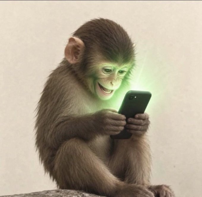 A young monkey sits holding a smartphone, illuminated by the green glow of the screen, with a smiling expression on its face.