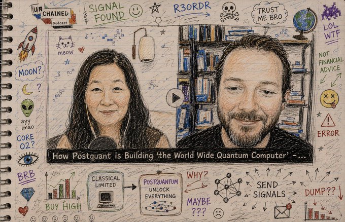 An illustrated podcast thumbnail for 'Unchained' titled 'How Postquantum is Building the World Wide Quantum Computer,' featuring hand-drawn portraits of a female and male host surrounded by crypto-themed doodles.