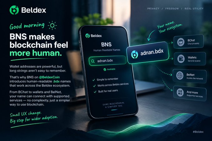 An advertisement for Beldex's 'BNS' (Beldex Name Service) showing how human-readable names like 'adnan.bdx' work across the Beldex ecosystem on a smartphone display.