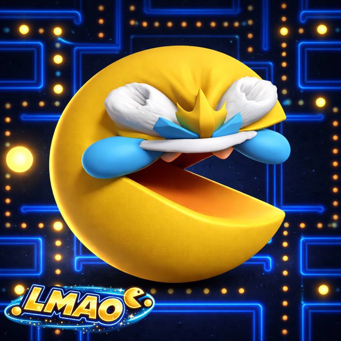 LMMAO logo and a yellow Pac-Man character with blue eyes, white hat, and mouth open in surprise against a black background.