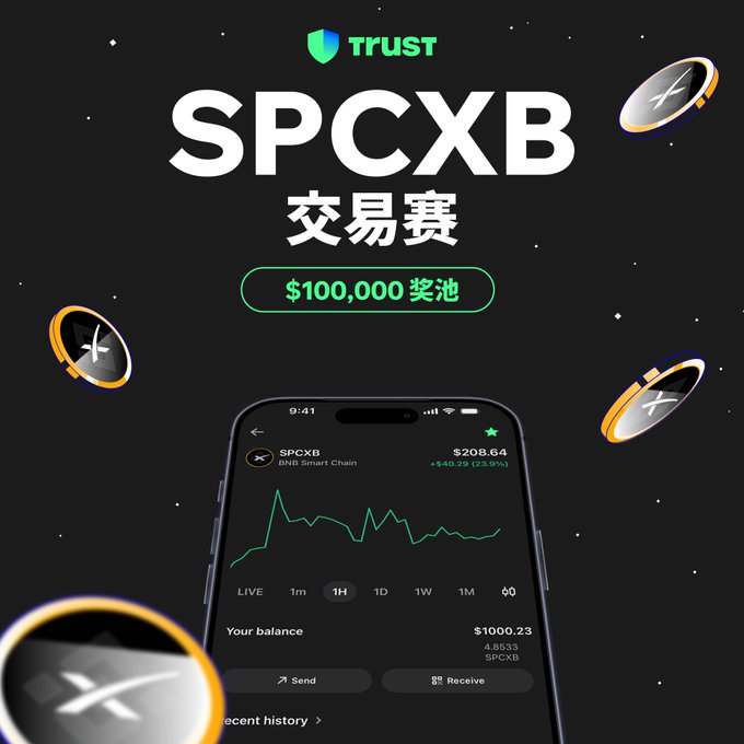 The image shows a cell phone being used for displaying information related to a trading competition called SPCXB. The cell phone's screen displays details about the competition, including that it has been officially launched and invites users to participate by trading $100,000 in rewards. It also mentions that two weeks is required before sharing the reward, encouraging immediate participation. The image does not contain any text, so the viewer must focus on understanding how the cell phone's screen represents the trading competition details.