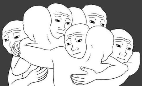 A black and white line drawing of several featureless figures hugging each other tightly in a group embrace.