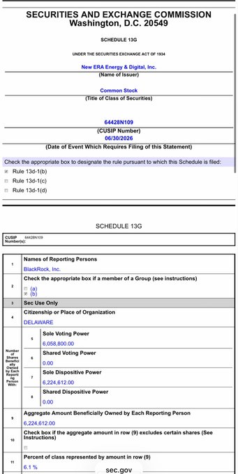 This SEC Schedule 13G filing shows BlackRock, Inc. now holds a 6.1% equity interest in New ERA Energy & Digital, Inc. ($NUAI). This document serves as a formal disclosure of their significant ownership stake.