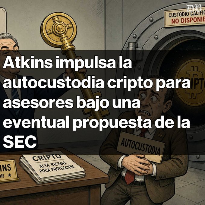 A cartoon depicts a man holding a giant key and a man clutching a folder labeled 'AUTOCUSTODIA' next to a vault marked 'CUSTODIO C... NO DISPONIBLE'. Spanish overlay reads 'Atkins impulsa la autocustodia cripto para asesores bajo una eventual propuesta de la SEC'.