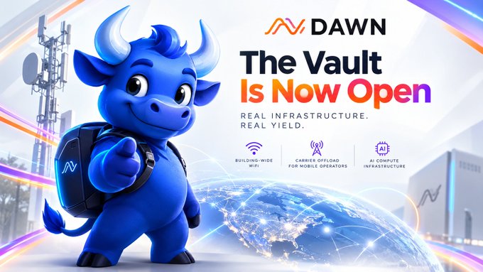 A promotional banner for 'DAWN - The Vault Is Now Open' featuring a blue cartoon bull mascot with a backpack, promoting real infrastructure and yield with building-wide WiFi, carrier offload, and AI compute infrastructure.