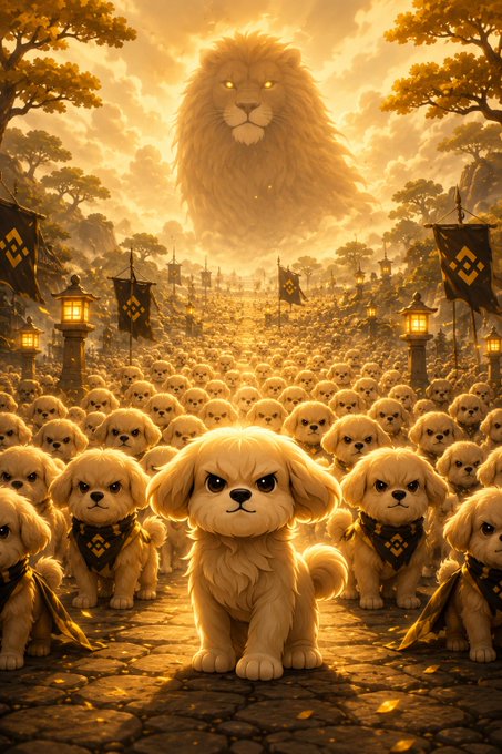 A fantasy digital artwork depicting an army of small golden puppies with bandanas, led by a central puppy, marching toward a giant spectral lion head in a dramatic golden-lit landscape with banners.