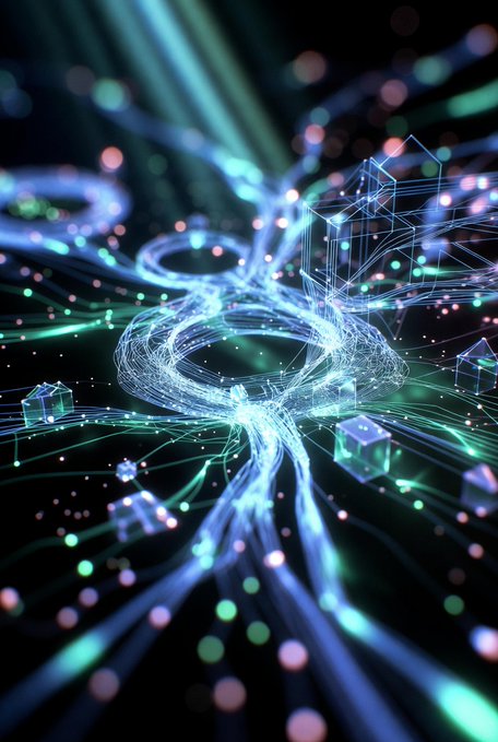 A digital art piece depicting swirling blue and green light streams intertwined with glowing wireframe cubes and geometric shapes against a dark background.