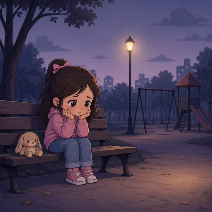 A digital illustration of a young girl with a pink bow sitting sadly on a park bench at dusk next to a stuffed bunny, with a playground and streetlamp in the background.
