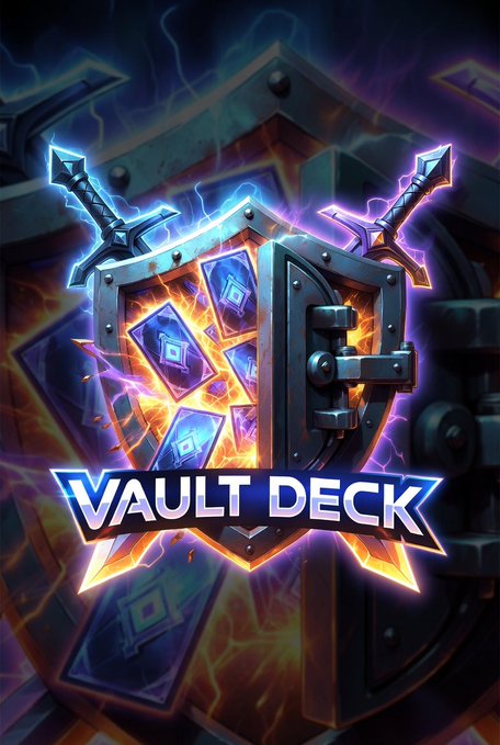 The image features a logo for a video game called "Vault Deck" with two swords crossed over each other, surrounded by flames. The background of the image is dark blue with purple lightning bolts, creating an intense atmosphere. The text on the image reads "What if your @enjin NFTs could actually battle? Vault Deck is a live auto-battler using your wallet. No minting. No setup. Just build a team and fight." This suggests that the game allows players to use their in-game currency, known as enjins or NFTs (Non-Fungible Tokens), to participate in battles against other players. The game is designed for casual gamers who want to experience the thrill of real-life combat without investing time or money into a virtual economy.