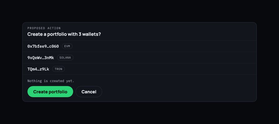 A crypto interface showing a 'PROPOSED ACTION' to create a portfolio with 3 wallets across EVM, SOLANA, and TRON networks, with a 'Create portfolio' button.