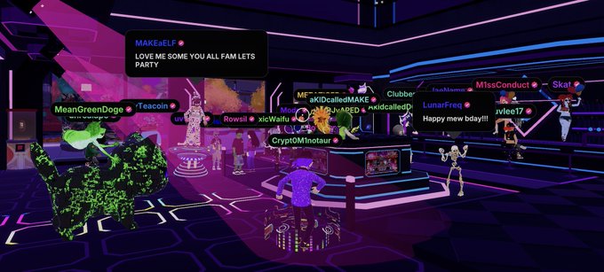 A screenshot from a virtual reality world (Decentraland) showing multiple avatars, with one text bubble reading 'MAKEeLF LOVE ME SOME YOU ALL FAM LETS PARTY' and various usernames floating above characters like 'MeanGreenDoge' and 'MissConduct'.