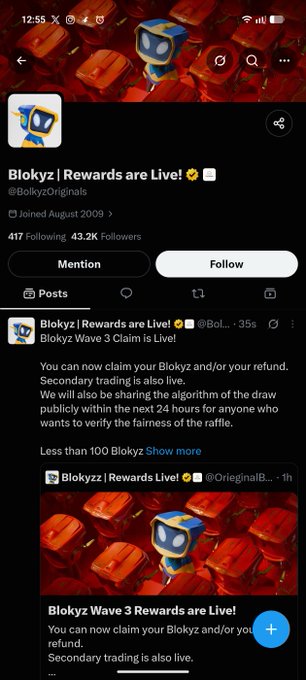 A mobile screenshot of an X/Twitter profile for 'Blokyz | Rewards are Live!' (@BlokyzOriginals), displaying posts about Blokyz Wave 3 claims and refunds.